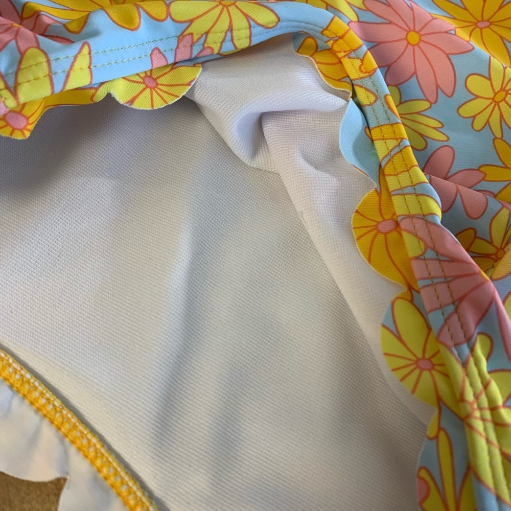Multicolor Blue Yellow Retro Floral Scallop Hem One Piece Lined Swimsuit New - Picture 9 of 13